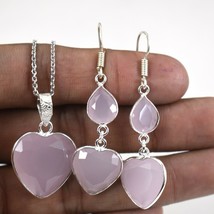 925 Sterling Silver Rose Quartz Gemstone Handmade Necklace Earrings Gift SET1081 - £25.42 GBP
