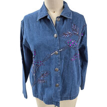 vtg y2k Tantrums Blue Denim Shirt  Jacket Pockets Purple Sequined Embroi... - $28.00