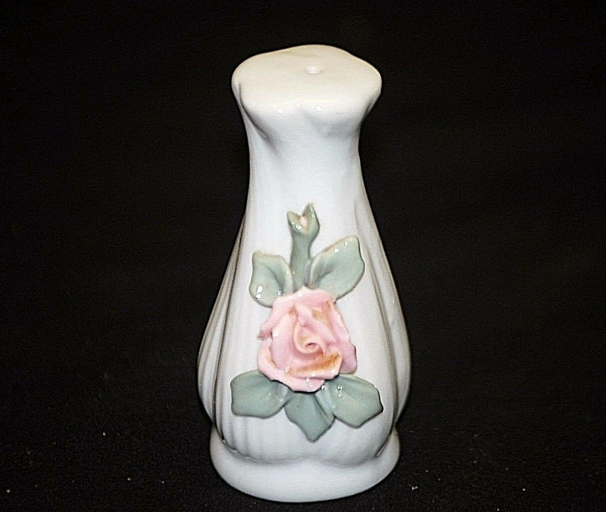 Old Vintage Single Salt or Pepper Shaker White w Pink Rose Green Leaves - $6.92