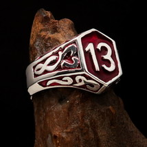 Excellent crafted Men&#39;s Biker Ring red Lucky Number 13 - shiny Sterling Silver - £71.94 GBP