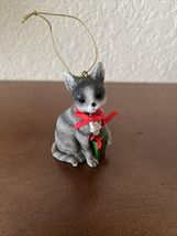 Vintage Black Gray Striped Cat With Bell &amp; Gift Red Bows Christmas Ornam... - $10.84