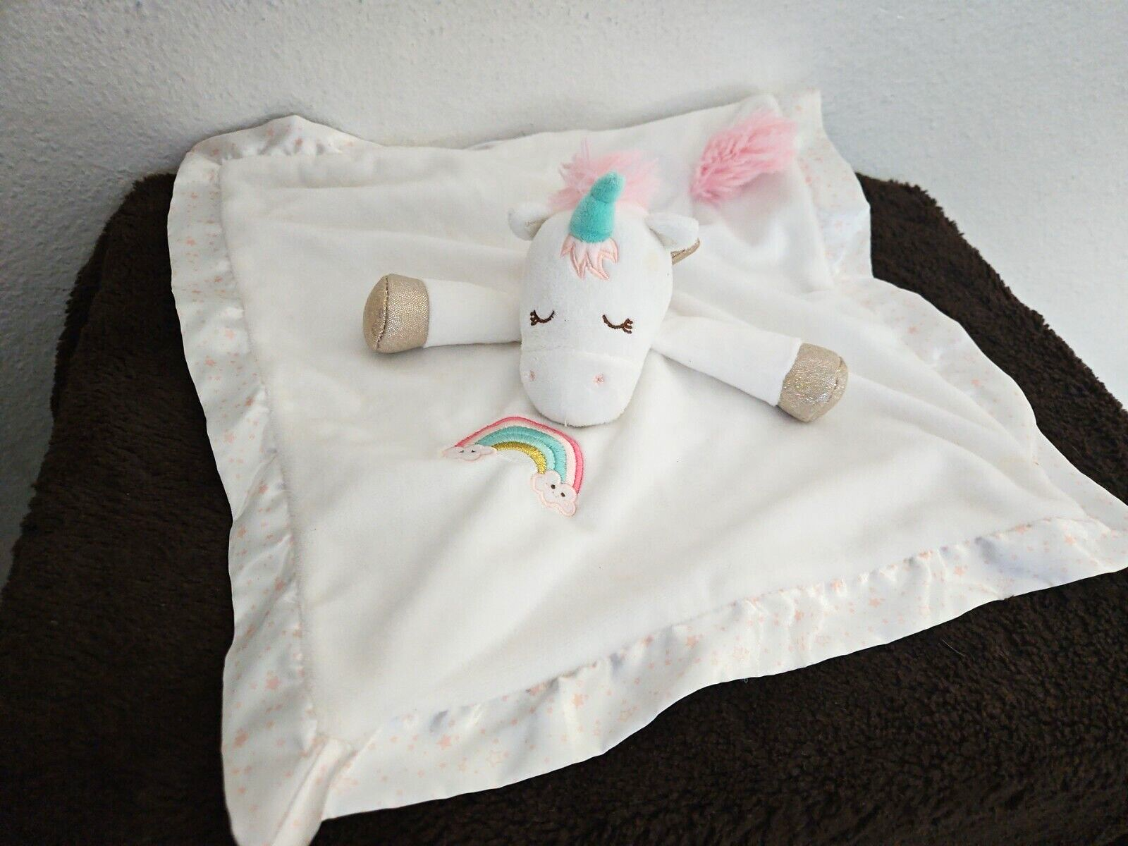 Primary image for Douglas Baby Unicorn White Security Blanket Lovey Rainbow Gold Wings Pink Hearts