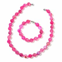 Fuchsia Agate Beads Silvertone Bracelet (7.5&quot;) &amp; Necklace (18&quot;) Magnetic #JN1010 - £10.62 GBP
