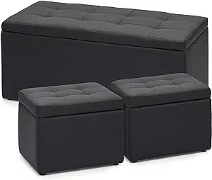 Storage Ottoman Bench Set Of 3, Contemporary Black Pu Leather 40 Inch Ottoman Up - £238.99 GBP