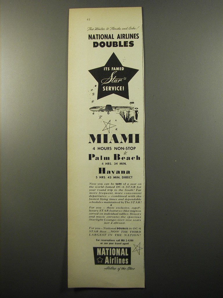 Primary image for 1950 National Airlines Ad - National Airlines doubles it's famed star service
