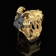 14K Yellow Gold Over Mask Ring, Satanic Jewelry, Creepy Mask Gothic Ring For Him - £178.23 GBP