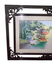 Vintage Asian Landscape Framed Art Sailing Boats Ornate Wood Frame 32.75” image 2