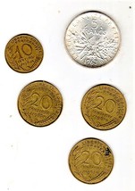 French coins 4 Assorted coins 1-10 centime &amp; 2-20 centimes  &amp;  1- 5 francs coins - £8.02 GBP