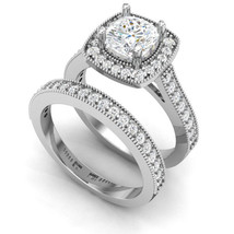 3Ct Cushion Cut Cubic Zirconia Halo Engagement Bridal Ring Set 14K White Over - £87.52 GBP