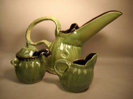 Green Pottery Handmade Pitcher Teapot With Cream &amp; Sugar Dishes Black Spoon - £17.67 GBP