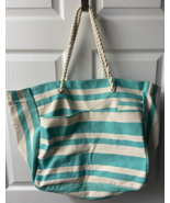 Canvas Striped Beach Bag Large With Pockets Green Cream Rope Handles - $14.07