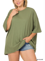 Zenana  2X Cotton Oversized Drop Shoulder Boxy Boyfriend Round Neck Tee Top Oliv - £12.07 GBP