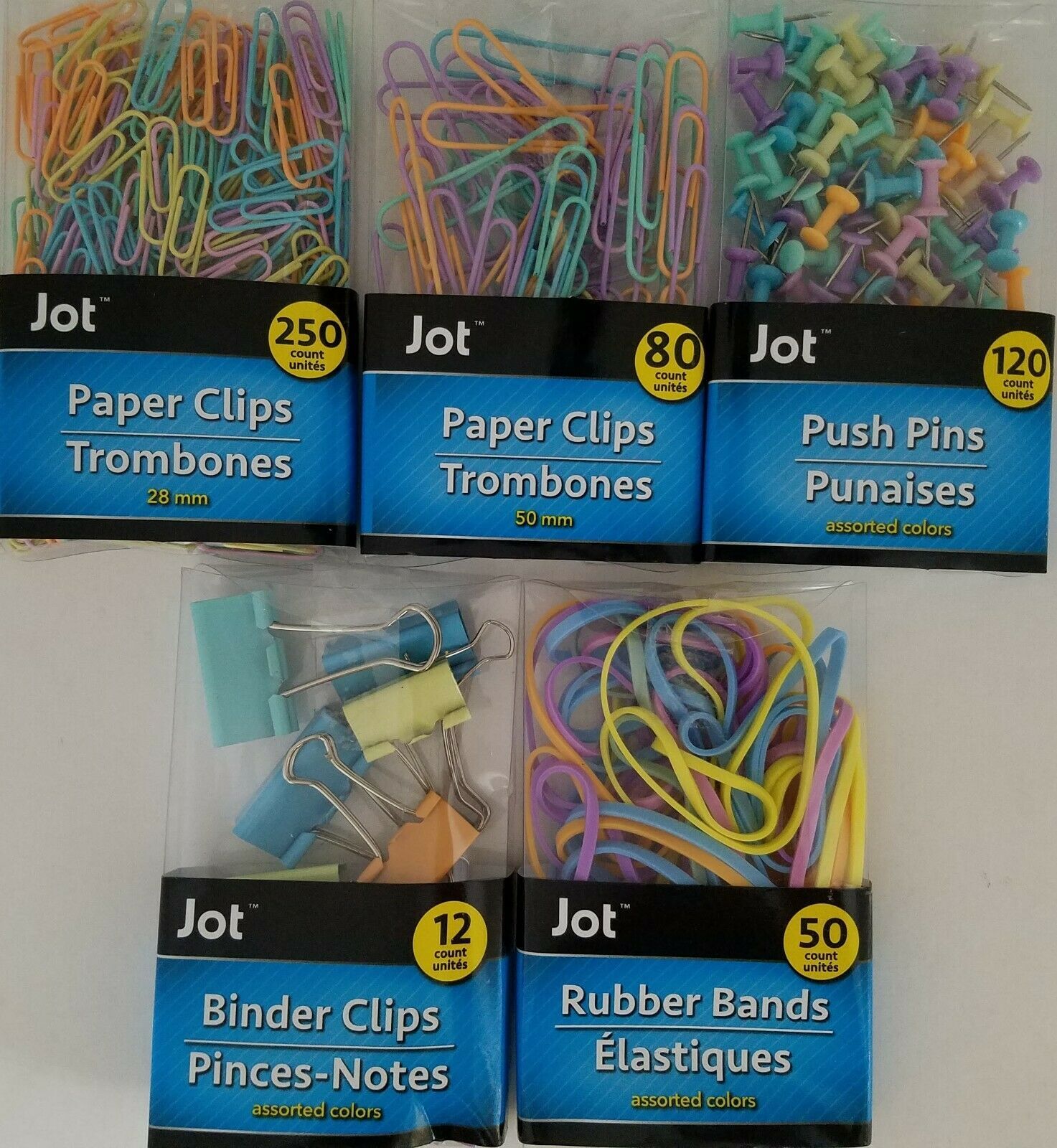Pastel Paper Clips, Binder Clamps, Push Pins, Rubber Bands, Select Type - $2.99