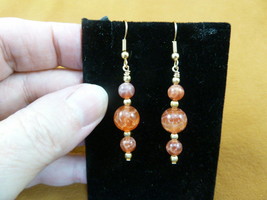 EE395-11 round Orange white Fire Agate gemstone 3 bead gold tone dangle earrings - £11.98 GBP