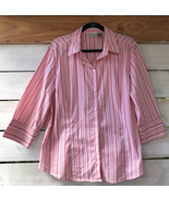 Chico’s Women’s Sz. 3 Top Salmon Orange Wht striped Blouse Btn Dwn 3/4 S... - $20.36 CAD