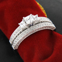 14K White Gold FN Princess Cut Diamond Engagement Wedding Band Ladies Bridal Set - £74.54 GBP