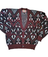 Vintage Mens Medium Grandpa Cardigan Sweater Maroon Geometric Leather Ac... - £45.59 GBP