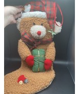 Teddy Bear 3D Christmas Stocking 20 x 10 Vtg Brown Fur Red Tartan Plaid ... - $22.23