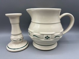 Longaberger Pottery Cream Pitcher &amp; Candle Holder Set Ivory/Green Microw... - $325.16 MXN