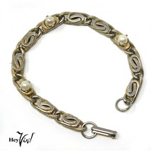 Vintage Elegant Gold Metal Loop Bracelet w Prong Set Faux Pearls - 7&quot; - ... - £15.73 GBP