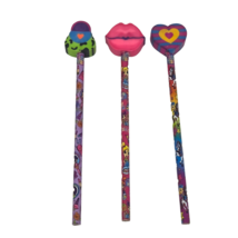 LOT OF 3 LISA FRANK PENCILS W ERASER TOPPERS LEOPARD PURSE PINK LIPS HEART - $14.25