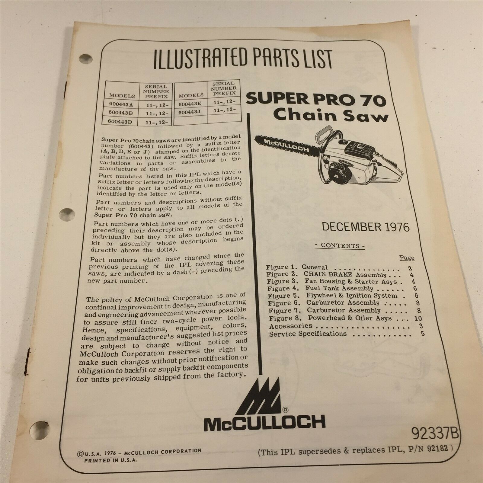 Primary image for 1976 McCulloch Super Pro 70 Chain Saw Illustrated Parts List 92337B