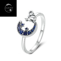 Cat Moon Animal Ring Genuine Sterling Silver 925 Adjustable  For Ladies Girls - $21.44