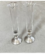 2 Vintage Glass Crystal Bud Vase WEB Pewter Silver Base Etched Wheat Flu... - $27.23 CAD