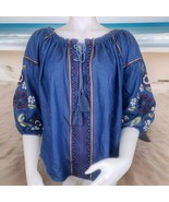 Embroidered Denim Peasant Top Womens S Off Shoulder Cowgirl Up 3/4 Sleev... - $24.34 CAD
