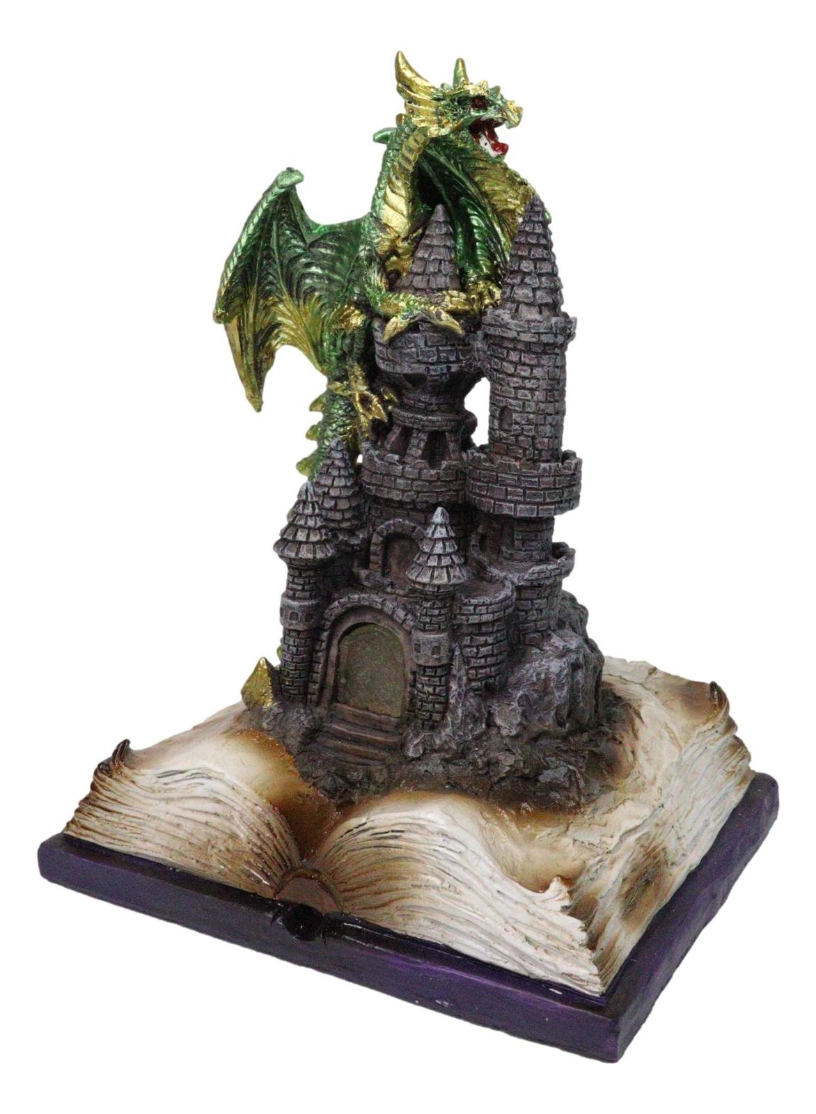 Medieval Green Dragon Perching On LED Castle With Book of Spells Figurine Item image 3