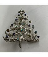 Christmas Tree Silver Tone 2.25” Pin Aurora Borealis Rhinestones (Missin... - $342.41 MXN