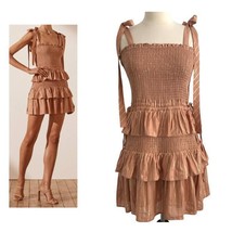 House of Harlow Tiered Shirred Ruffle Smocked Dress Tan ( L ) - £95.74 GBP
