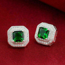 3Ct Princess Green Emerald Double Halo Stud Earrings 14K White Gold Finish - £82.77 GBP