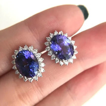 4Ct Oval Cut Simulated Blue Tanzanite Halo Stud Earrings 14K White Gold Plated - £32.87 GBP