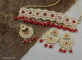 Joharibazar GoldPlated Kundan Maroon Necklace Earring Ramdan Jewelry Choker Set - £21.73 GBP