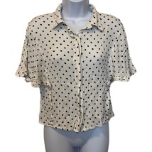 Love, Fire Womens M White Black Polka Dot Flutter Sleeve Button Down Crop Blouse - £7.58 GBP