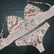 Victoria&#39;s Secret Longline L Bralette Set M Thong Dusty Pink Taupe Applique - £52.46 GBP