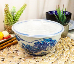 Ebros Set of 2 Ceramic Blue Hokusai Great Wave Portion Meal Bowls 3 Cups W/ Lid - £23.88 GBP