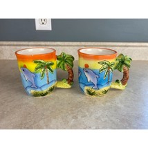 Jarra Relieve Tropical Pottery Palm Tree Handle Mugs Set Of Two - $148.18 MXN