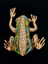 Unbranded Yellow Gold Tone Frog Brooch Pin Green Abalone Shell Clear Rhi... - $39.99