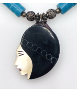 Vintage Teal Green Heishi MOP Maiden Profile Pendant Necklace - $41.58