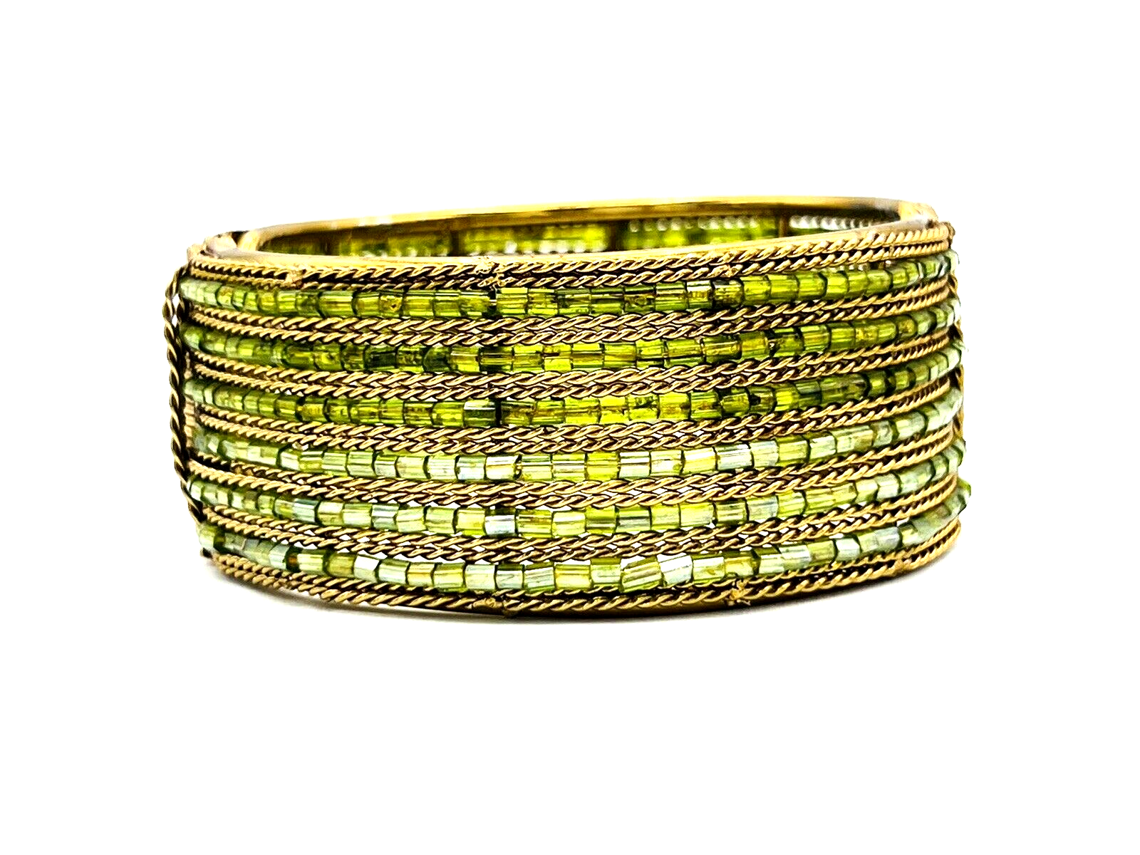 Primary image for Vintage Gold Tone Lime Green Beaded Hinge Bangle Bracelet 
