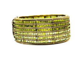 Vintage Gold Tone Lime Green Beaded Hinge Bangle Bracelet  - $13.86