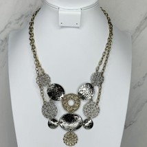 Chico&#39;s Silver and Gold Tone Hammered Metal Studded Bib Necklace - £15.79 GBP