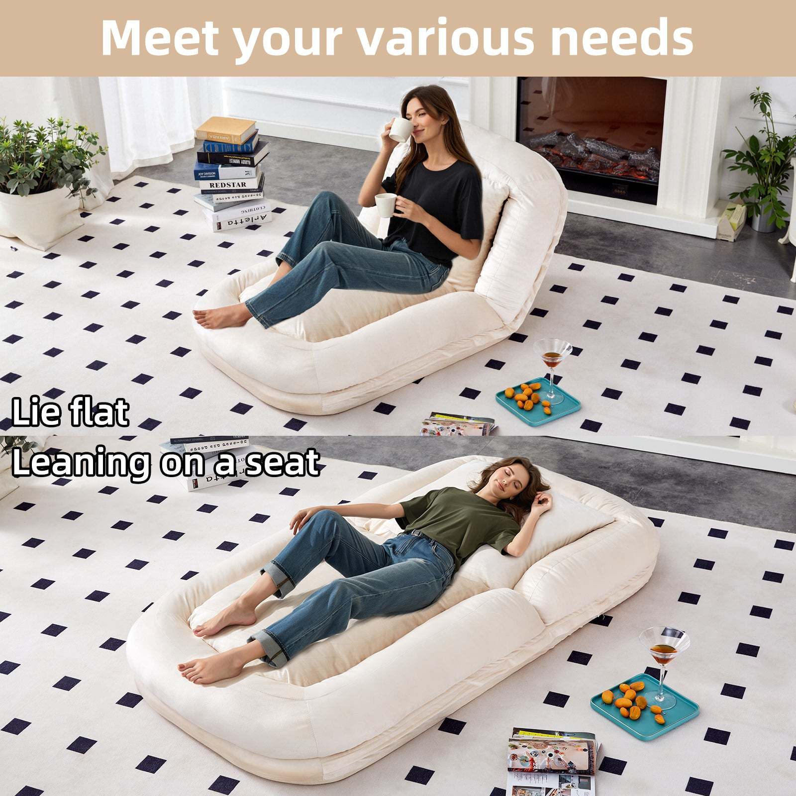 Beige Flannelette Adjustable Folding Sofa Chair for Gaming & Meditation. Item image 9