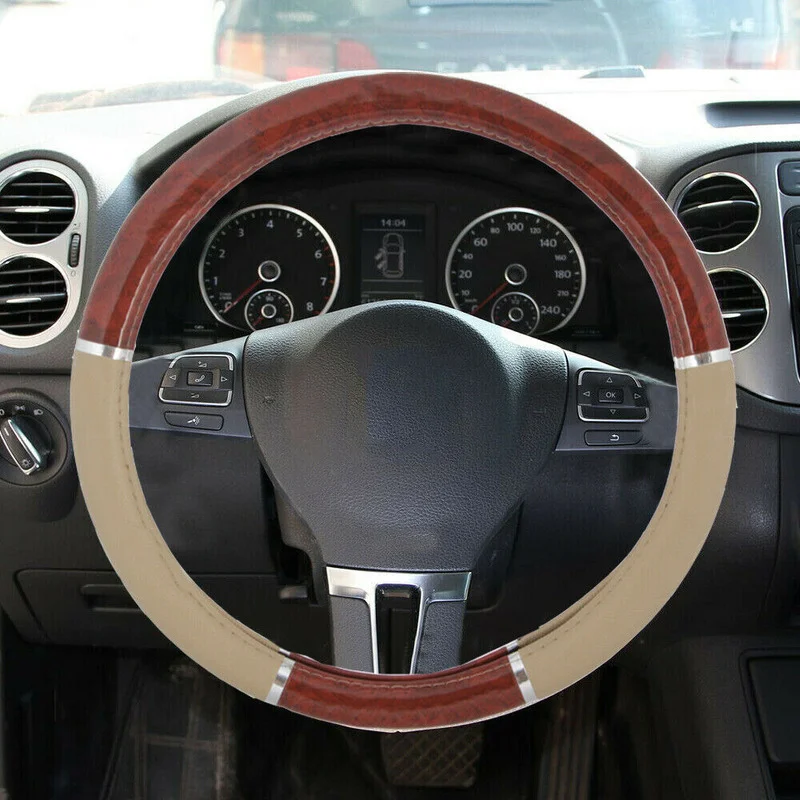 Universal 38cm Auto Steering Wheel Cover Wood Grain Hand Sewing Leather Non-slip - £16.49 GBP