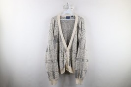 Vintage 90s Streetwear Mens Large Ribbed Cotton Knit Cardigan Sweater Plaid USA - £44.53 GBP