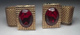 Vintage SHIELDS RED Faux Ruby Gold Tone Mesh Wrap Around Cuff Links - $20.00