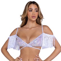 Sequin Fishnet Crop Top Off Shoulder Fringe Wrap Bikini Shimmer Trim White 6437 - £29.11 GBP