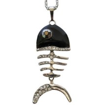 Vtg silver tone black enamel clear rhinestone articulated fish pendant necklace - £11.79 GBP